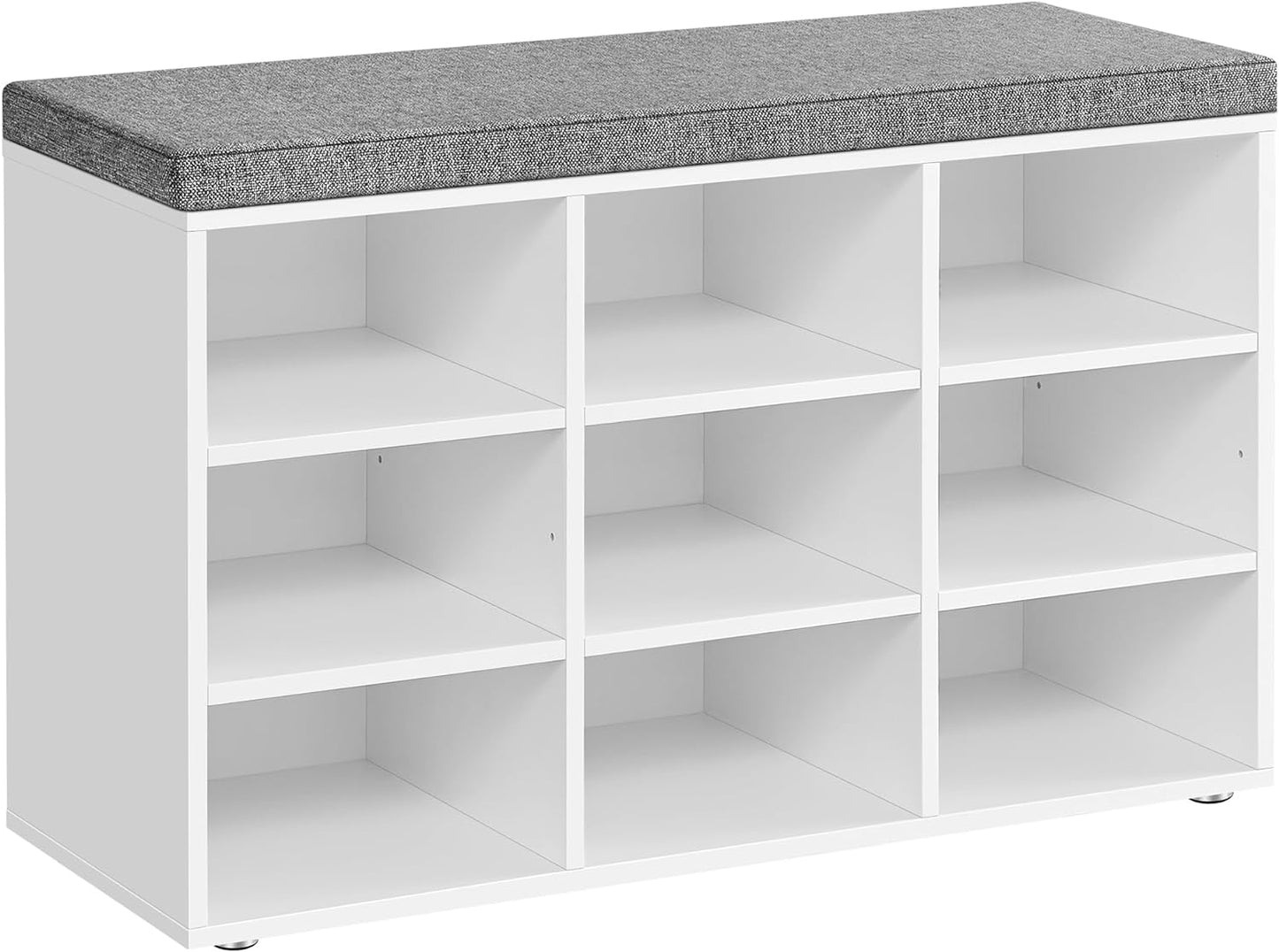 VASAGLE Shoe Bench with Cushion, Storage Bench with Padded Seat, Entryway Bench with 9 Compartments, Adjustable Shelves, for Bedroom, 11.9 x 30.9 x 18.9 Inches, White and Gray