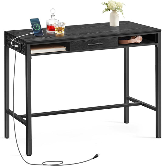 VASAGLE Bar Table with Power Outlet, 39.3 Inches Bar Height Pub Table, Rectangular Storage Kitchen Table with Movable Drawer, 2 Hooks, Narrow High Top Table for Dining, Home, Entryway, Ebony Black