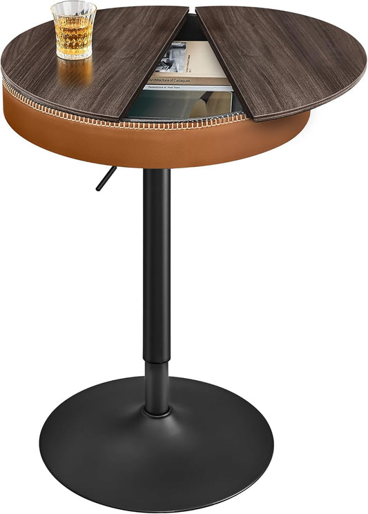 VASAGLE EKHO Collection - Height Adjustable Bar Table, Round High Pub Table with Storage, Synthetic Leather with Stitching, Mid-Century Modern, Kitchen Bar Living Room, Ash Brown and Caramel Brown