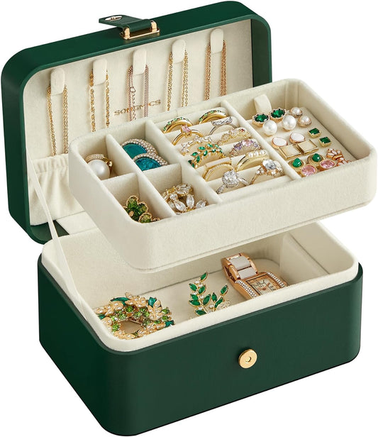 SONGMICS Jewelry Box, Travel Jewelry Case, 2-Layer Jewelry Holder Organizer, 4.3 x 6.3 x 3.1 Inches, Portable, Versatile Earring Storage, for Larger Accessories, Gift Idea, Cloud White, Forest Green, Ink Black, Laurel Green, Slate Gray