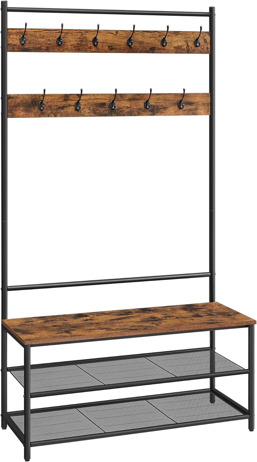 VASAGLE Hall Tree, Entryway Bench with Coat Rack, Hall Tree with Bench and Shoe Storage