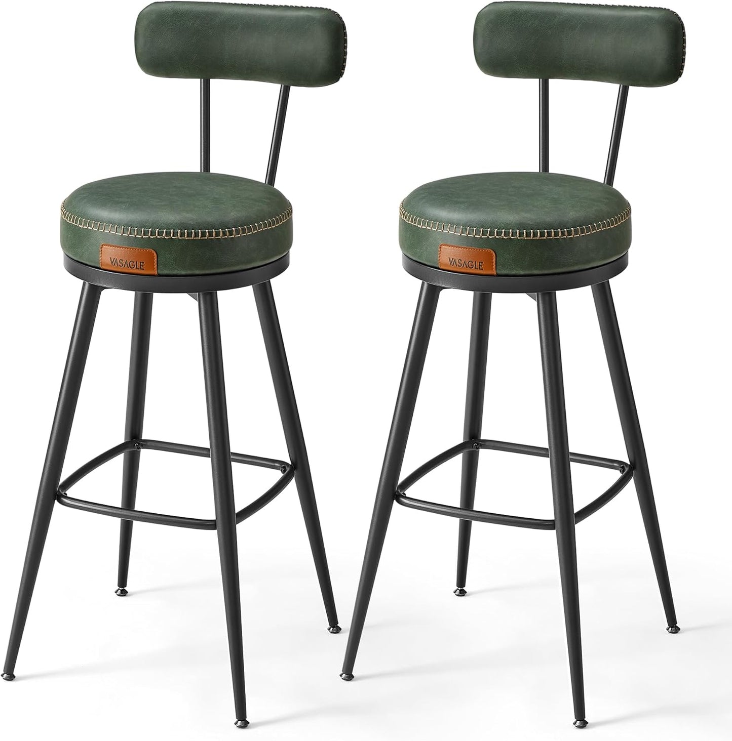 VASAGLE EKHO Collection - Bar Stools Set of 2, Bar Height Swivel Bar Stools with Back, Synthetic Leather with Stitching, Mid-Century Modern, 30-Inch Tall Barstools for Kitchen Home Bar, Forest Green