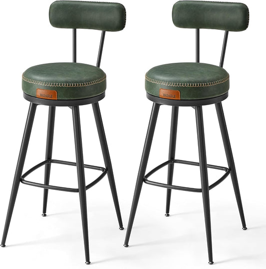 VASAGLE EKHO Collection - Bar Stools Set of 2, Bar Height Swivel Bar Stools with Back, Synthetic Leather with Stitching, Mid-Century Modern, 30-Inch Tall Barstools for Kitchen Home Bar, Forest Green