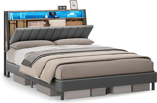 VASAGLE LED Bed Frame Queen Size, Storage Headboard and Charging Station