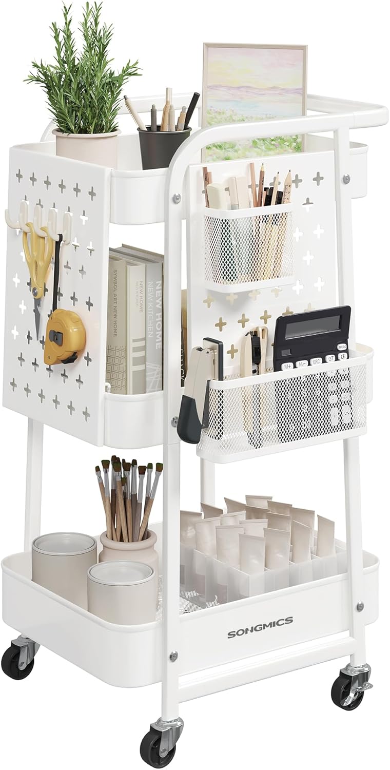 SONGMICS 3-Tier Storage Cart, Rolling Utility Cart, Metal Mesh Shelves, 2 Removable Pegboards, 2 Hanging Holders, 4 Hooks, Craft Cart for Living Room, Kitchen, Office, Bathroom, Cloud White ULRC037W01