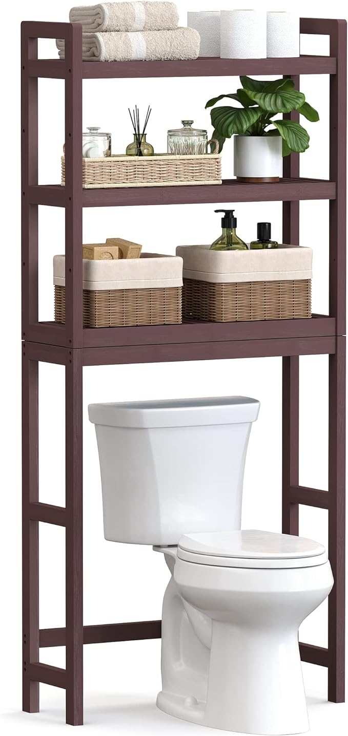 SONGMICS Over The Toilet Storage, 3-Tier Bamboo Over Toilet Bathroom Organizer with Adjustable Shelf, Fit Most Toilets