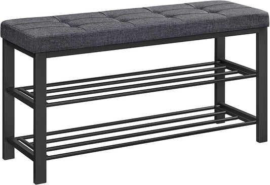 SONGMICS Shoe Bench, 3-Tier Shoe Rack for Entryway, Storage Organizer with Foam Padded Seat, Linen, Metal Frame, for Living Room, Hallway, 12.2 x 39.4 x 19.3 Inches, Dark Gray and Black