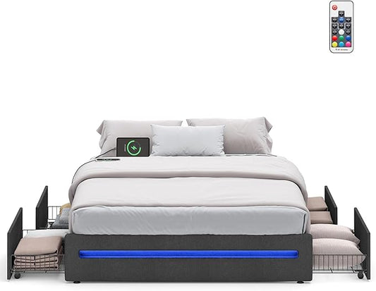 VASAGLE LED Bed Frame Full Size with 4 Drawers and Charging Station, Full Bed Frame with 1 USB Port and 1 Type C Port