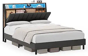 VASAGLE LED Bed Frame Full Size, Storage Headboard and Charging Station, Full Bed Frame with 2 AC Outlets, 1 USB Port, 1 Type-C Port