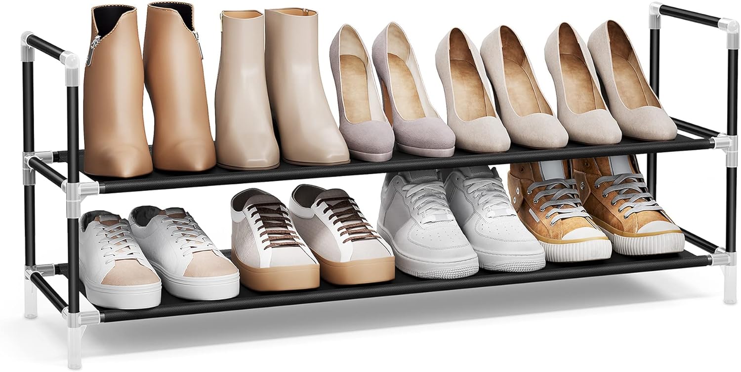 SONGMICS 2-Tier Shoe Rack with Shelves for Closet Entryway, Black ...