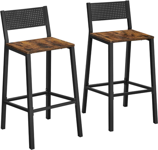 VASAGLE Bar Stools, Set of 2 Bar Chairs, Tall Bar Stools with Backrest, Industrial in Party Room, Rustic Brown and Black