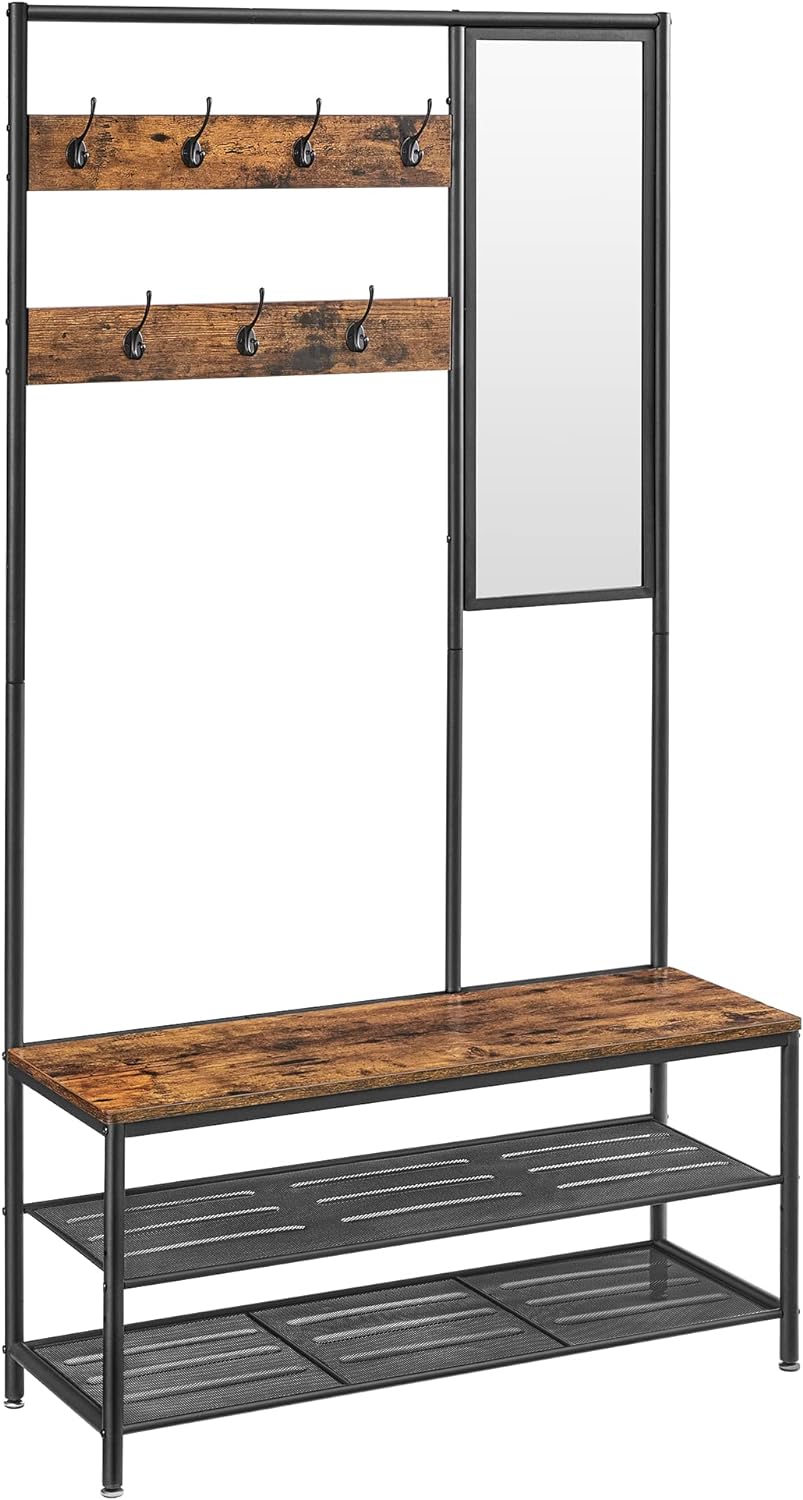 VASAGLE Coat Rack Shoe Bench with Mirror, Hall Tree with Bench and Shoe Storage Shelves