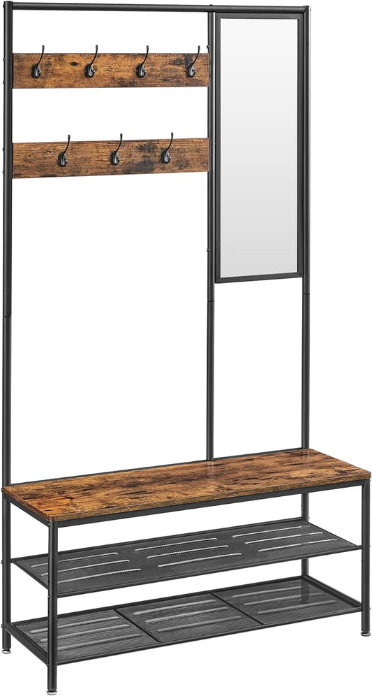 VASAGLE Coat Rack Shoe Bench with Mirror, Hall Tree with Bench and Shoe Storage Shelves