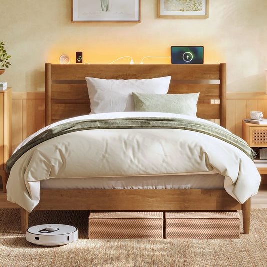 Full Platform Bed Frame with LED Headboard & Charging Station, Mid-Century Modern Style, No Box Spring Needed, Caramel Brown
