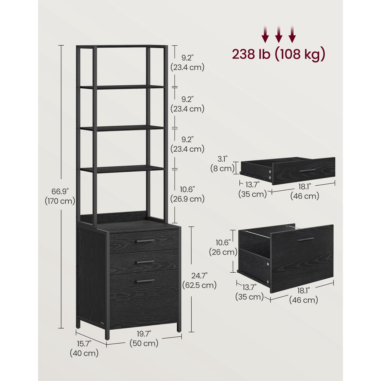 File Cabinet, Home Office Filing Cabinet with Height-Adjustable Open Shelves