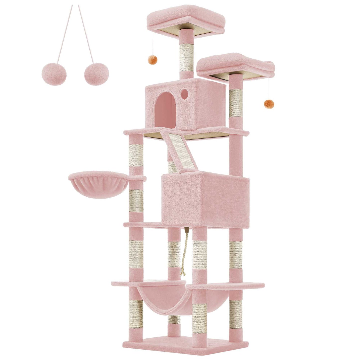 Feandrea Cat Tree, 66.1-Inch Large Cat Tower with 13 Scratching Posts, 2 Perches, 2 Caves, Basket, Hammock, Pompoms,Cat Condo, Jelly Pink