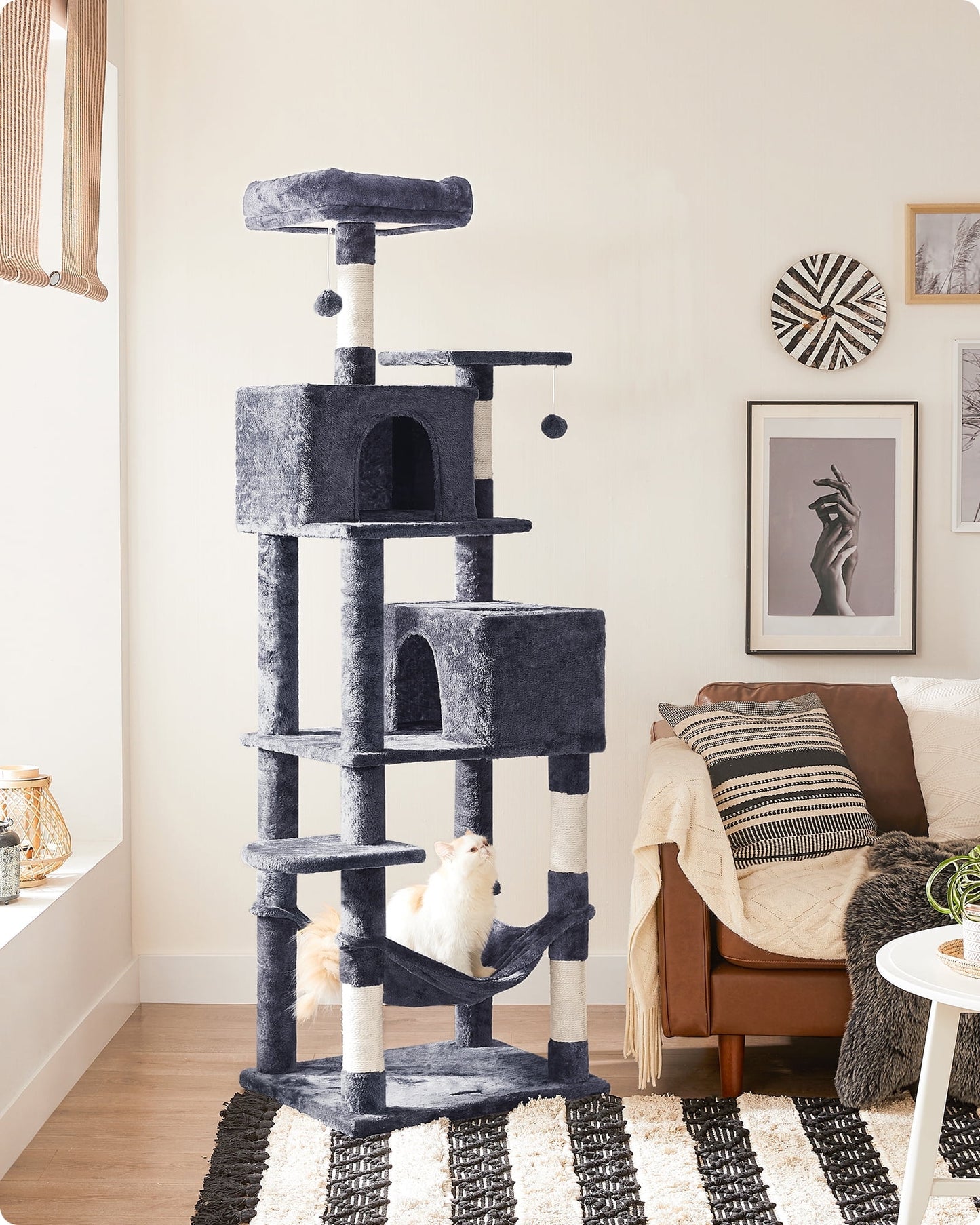 Feandrea Cat Tree 75.2-Inch Multi-Level Cat Tower for Indoor Cats, Plush Condo with Scratching Posts, Perches, Caves, Hammock, Pompoms, Smoky Gray