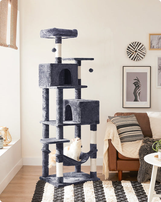 Feandrea Cat Tree 75.2-Inch Multi-Level Cat Tower for Indoor Cats, Plush Condo with Scratching Posts, Perches, Caves, Hammock, Pompoms, Smoky Gray