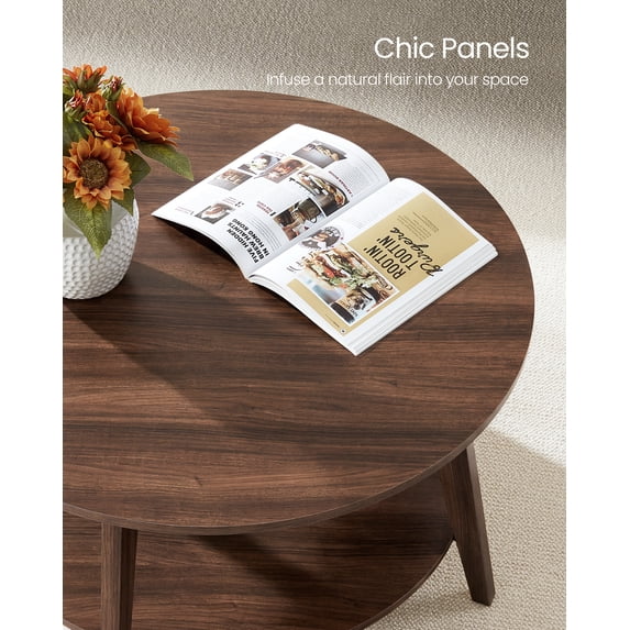 VASAGLE MAEZO Collection - Round Coffee Table, 2-Tier Center Table with Storage, Tapered Legs, Curved Transitions, 31.5 Dia. x 17.7 H Inches, Easy Assembly, for Living Room, Chestnut Walnut
