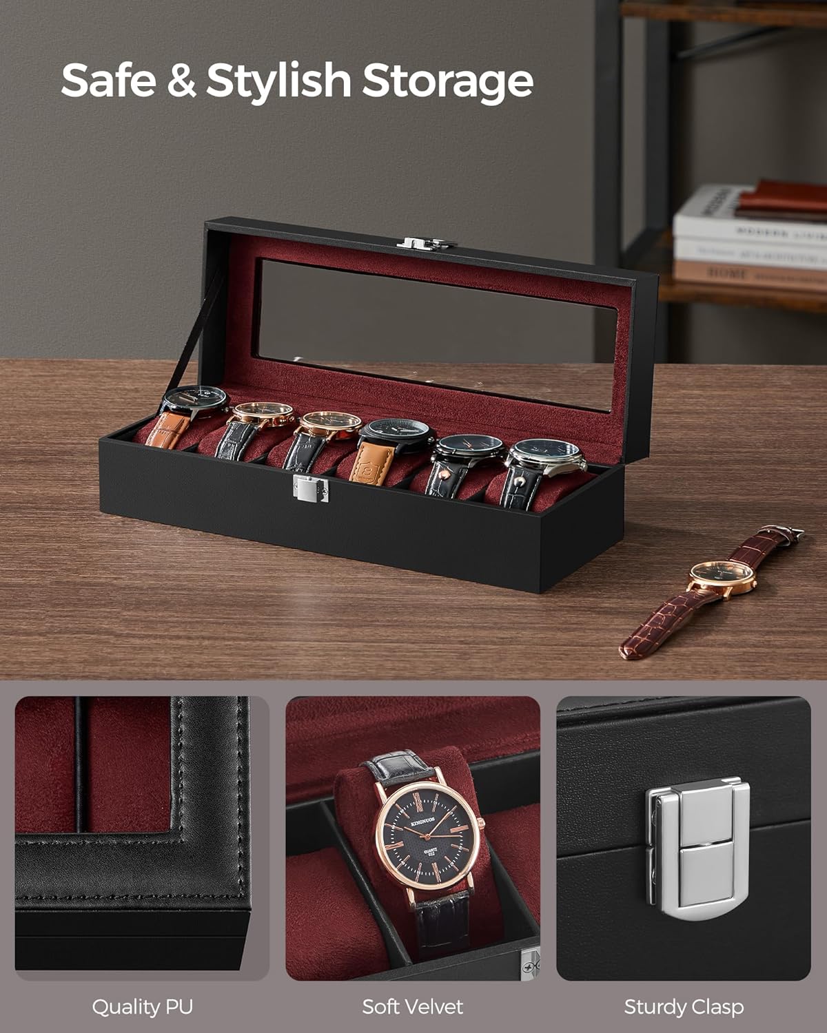 SONGMICS Watch Box, 6-Slot Watch Case with Large Glass Lid, Removable Watch Pillows, Watch Box Organizer, Gift for Loved Ones