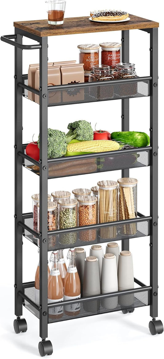 VASAGLE Slim Rolling Cart, 5-Tier Storage Cart, Narrow Cart with Handle, 8.7 Inches Deep, Metal Frame, for Kitchen, Dining Room, Living Room, Home Office, Rustic Brown and Classic Black ULRC035B01