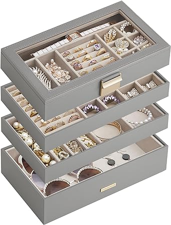 SONGMICS Stackable Jewelry Trays, 4-Tier Jewelry Box, Drawer Jewelry Organizer, with Glass Lid, Removable Dividers, for Vanity Table, 6.7 x 11 x 7.2 Inches