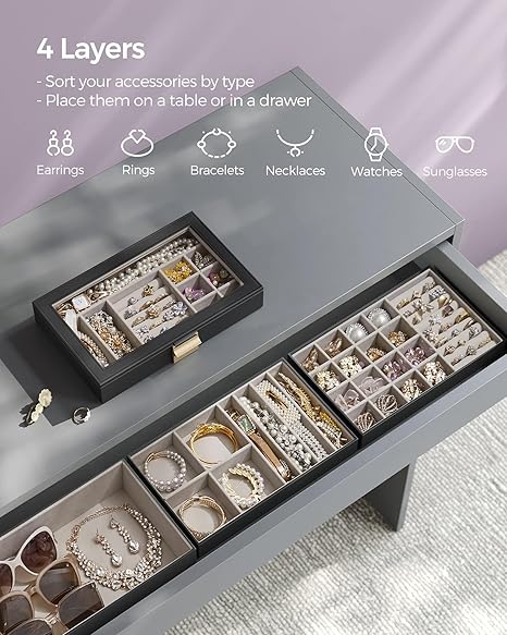 SONGMICS Stackable Jewelry Trays, 4-Tier Jewelry Box, Drawer Jewelry Organizer, with Glass Lid, Removable Dividers, for Vanity Table, 6.7 x 11 x 7.2 Inches