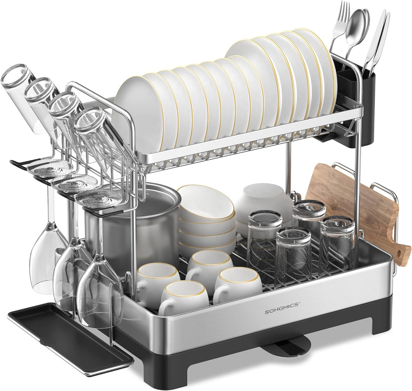 SONGMICS Dish Drying Rack - 2 Tier Dish Rack for Kitchen Counter with Rotatable and Extendable Drain Spout