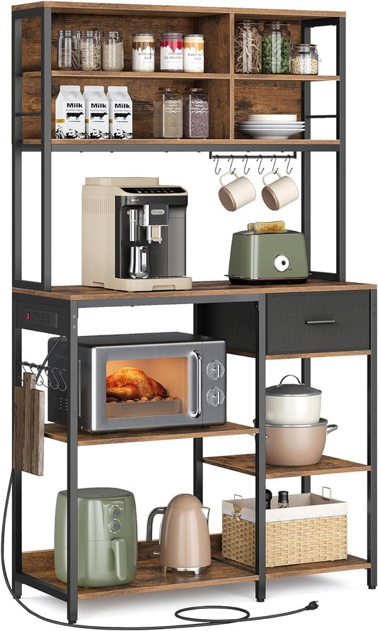 VASAGLE Bakers Rack with Charging Station, Coffee Bar Stand with Adjustable Storage Shelves, Fabric Drawer, 12 Hooks, Table for Microwave, Kitchen, Rustic Brown and Ink Black UKKS028K01