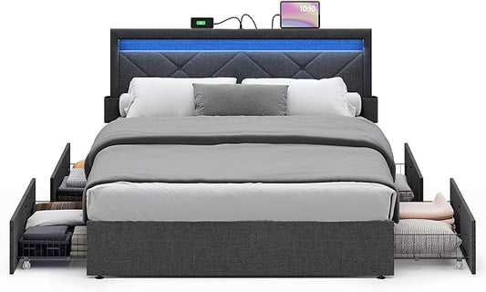 VASAGLE LED Bed Frame Queen Size with Headboard and 4 Drawers, 1 USB Port and 1 Type C Port