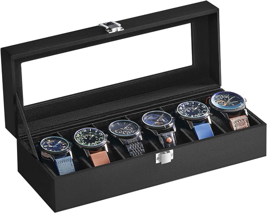 SONGMICS Watch Box, 6-Slot Watch Case with Large Glass Lid, Removable Watch Pillows, Watch Box Organizer, Gift for Loved Ones, Black Synthetic Leather, Wine Red Lining, Gray Lining, Black Lining