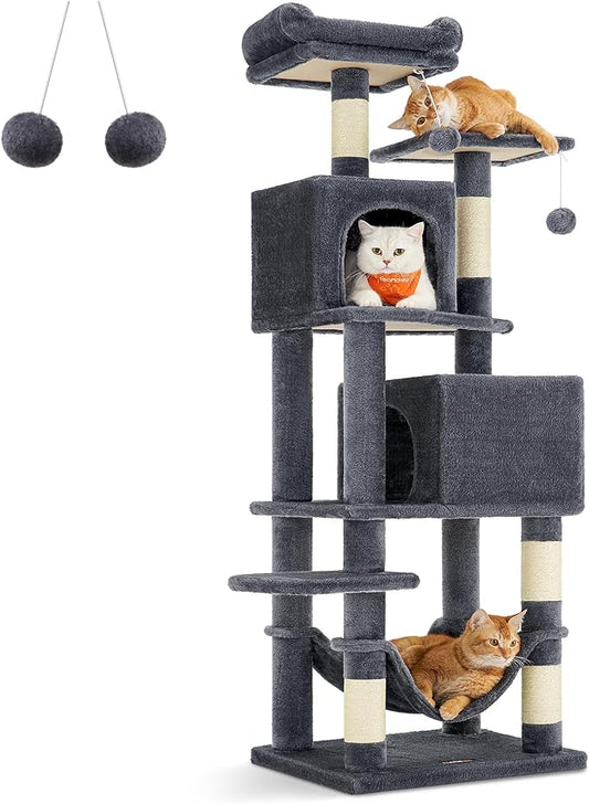 Feandrea Cat Tree, 61-Inch Cat Tower for Indoor Cats, Plush Multi-Level Cat Condo with 5 Scratching Posts, 2 Perches, 2 Caves, Hammock