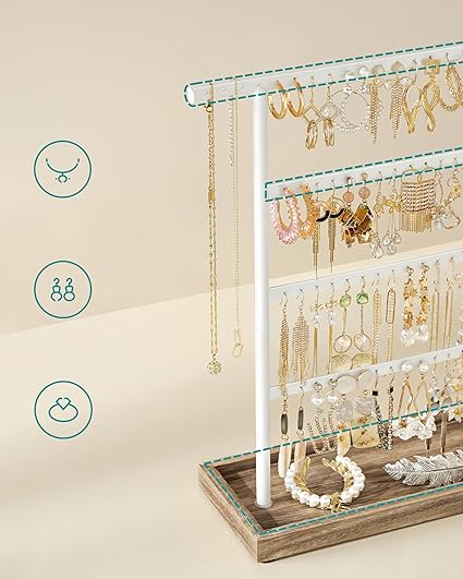 SONGMICS Earring Holder, 4 Tier Jewelry Display Stand, Earring Organizer with Tray, Wooden Base, Necklace Jewellery Box