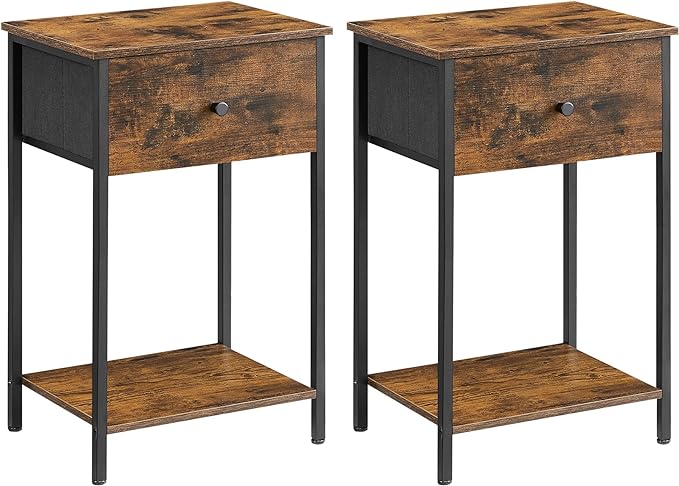 VASAGLE Nightstands, Set of 2 Side Tables with Fabric Drawer, 24-Inch Tall End Tables with Storage Shelf, Bedroom