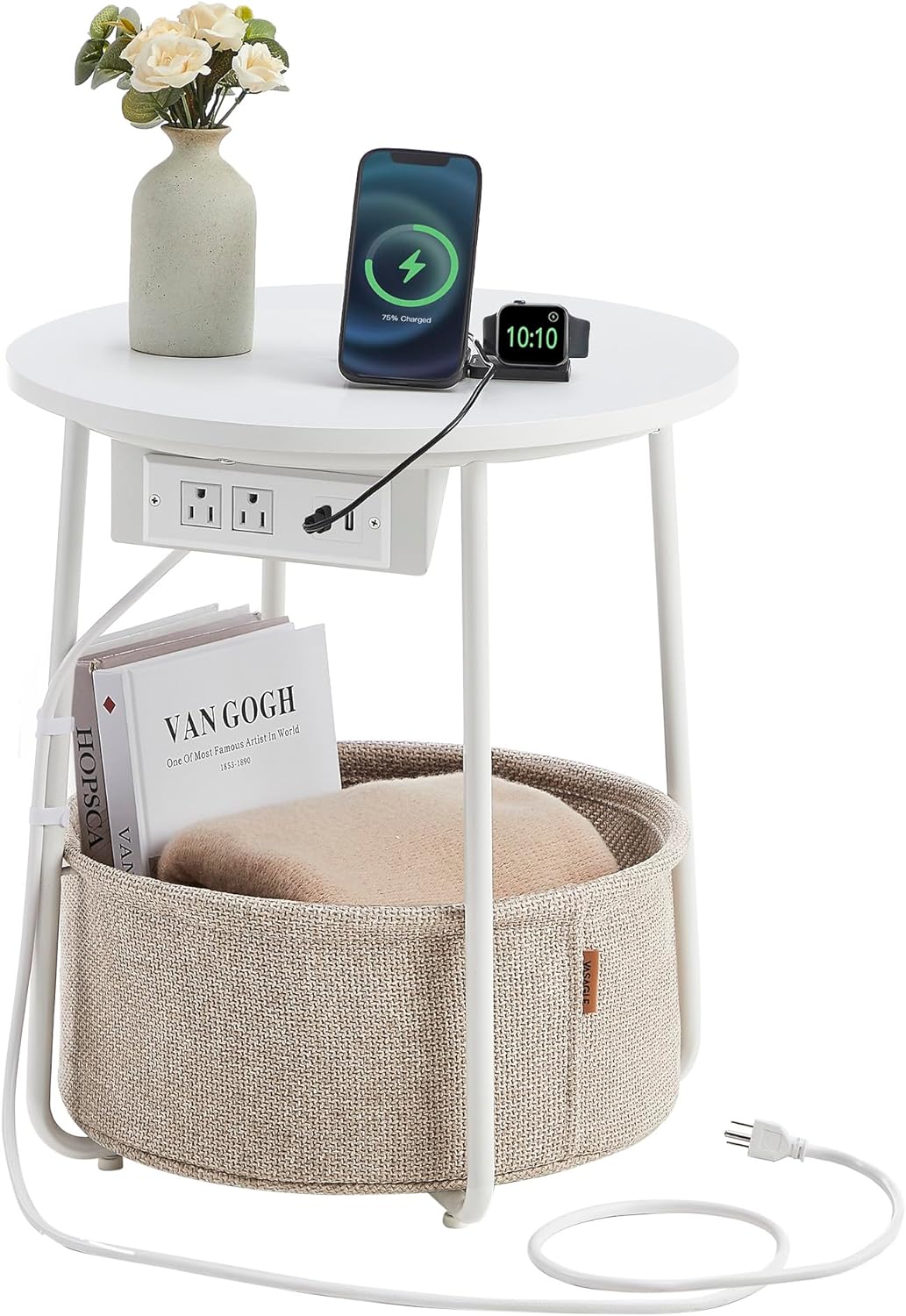 VASAGLE Side Table with Charging Station, Round End Table With Fabric Basket, Nightstand with Power Outlets USB Ports, for Living Room, Bedroom, Modern, Matte White and Camel Brown