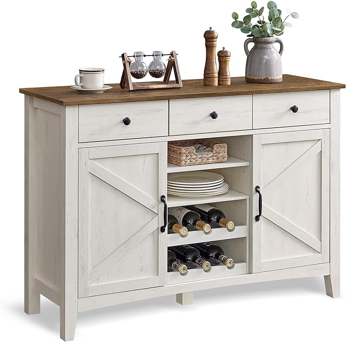 VASAGLE Farmhouse Buffet Cabinet with Detachable Wine Rack, Sideboard Cabinet with Drawers and Doors, Adjustable Shelves, for Living Room