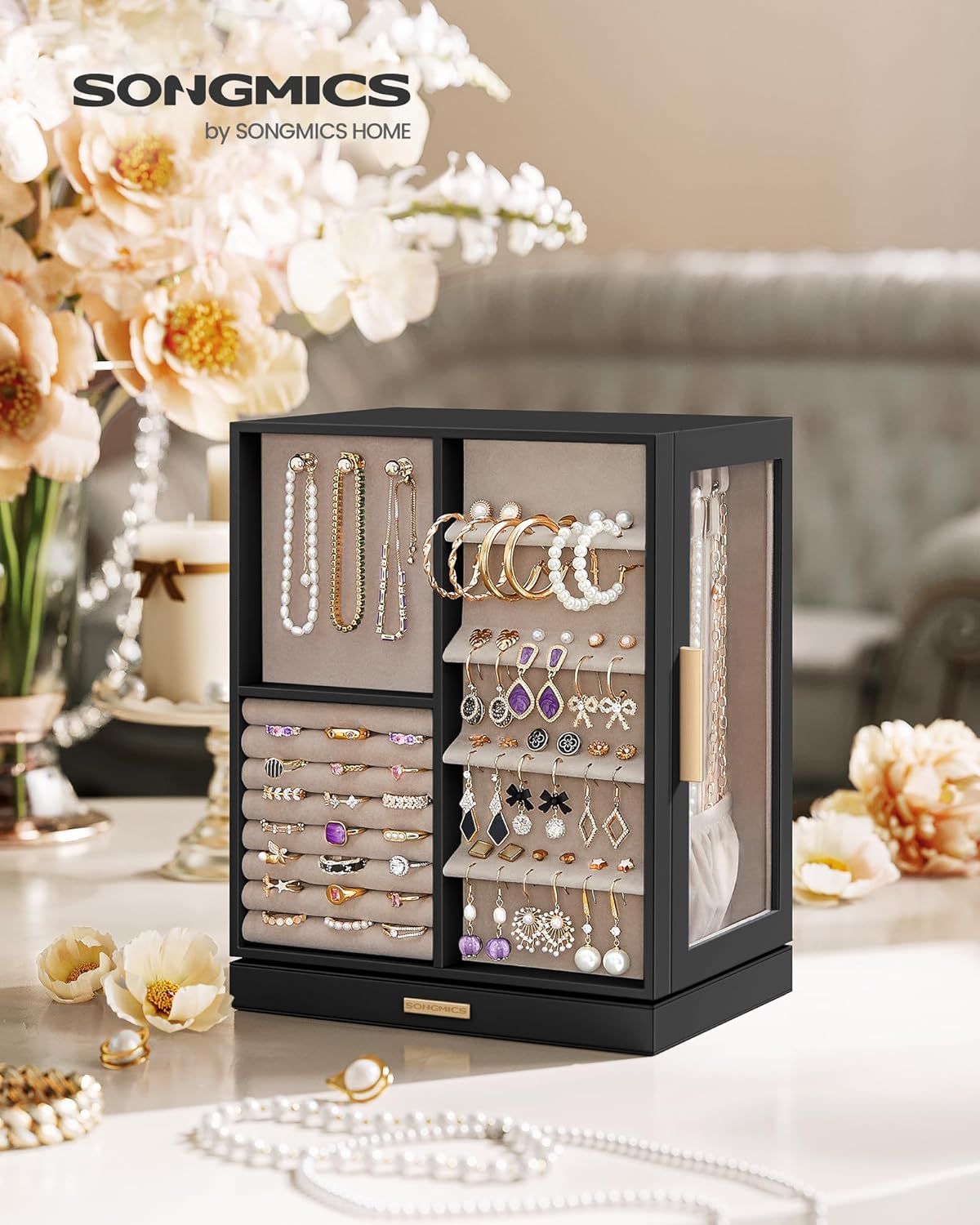 SONGMICS Jewelry Box 360° Rotating, Jewelry Storage Case with 5 Drawers, Jewelry Organizer, Glass Window, Spacious, Vertical Jewelry Storage, Open Design, Great Gift, Cloud White, Graphite Black, Forest Green, Slate Gray