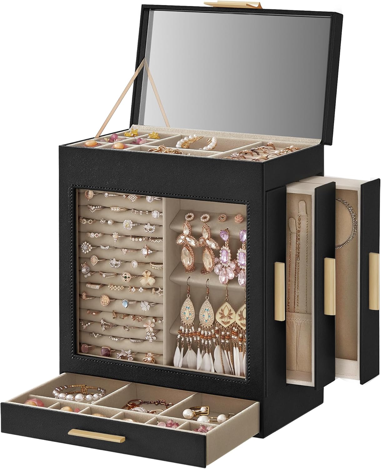 SONGMICS Jewelry Box with Glass Window 5-Layer Jewelry Organizer with 3 Side Drawers Jewelry Storage with Big Mirror Modern