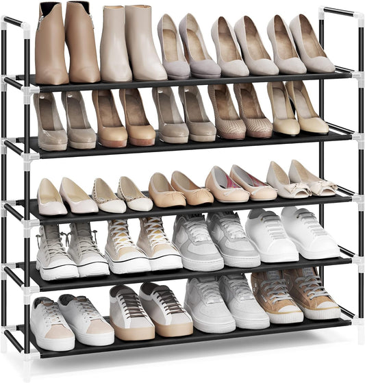 SONGMICS 5 Tiers Shoe Rack Space Saving Tower Cabinet Storage Organizer Black 39"L Holds 20-25 Pair of Shoes