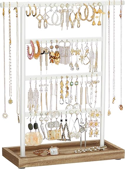 SONGMICS Earring Holder, 4 Tier Jewelry Display Stand, Earring Organizer with Tray, Wooden Base, Necklace Jewellery Box