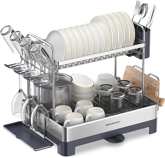 SONGMICS Dish Drying Rack - 2 Tier Dish Rack for Kitchen Counter with Rotatable and Extendable Drain Spout, Dish Drainer with Utensil, Cup, Glass, Cutting Board Holders, Silve and Gray