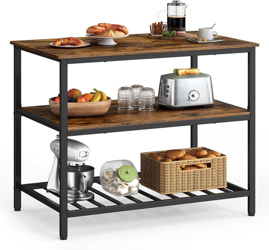 VASAGLE Kitchen Island with 3 Shelves, 39.4 Inches Kitchen Shelf with Large Worktop, Stable Steel Structure, Industrial, Easy to Assemble, Rustic Brown and Black