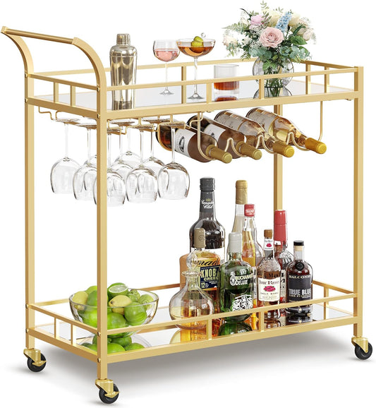 VASAGLE Bar Cart Gold, Home Bar Serving Cart, Wine Cart with 2 Mirrored Shelves