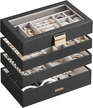 SONGMICS Stackable Jewelry Trays, 4-Tier Jewelry Box, Drawer Jewelry Organizer, with Glass Lid, Removable Dividers, for Vanity Table, 6.7 x 11 x 7.2 Inches