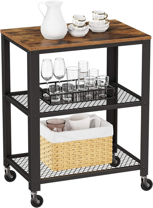 VASAGLE Serving Cart, 3-Tier Bar Cart on Wheels with Storage and Steel Frame, Rustic Brown ULRC78X, 15.7 x 23.6 x 30.6 Inches