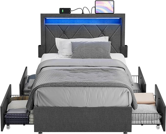 VASAGLE LED Bed Frame Twin Size with Headboard and 4 Drawers, 1 USB Port and 1 Type C Port, Adjustable Upholstered Headboard