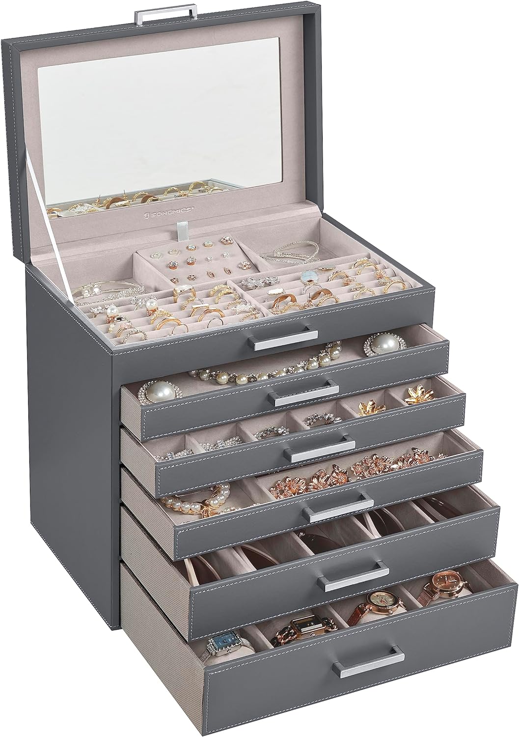 SONGMICS Jewelry Box, 6-Tier Jewelry Organizer, Large Jewelry Case with Big Mirror, 5 Drawers, Large Capacity, Jewelry Storage, Modern Style, Gift for Loved Ones