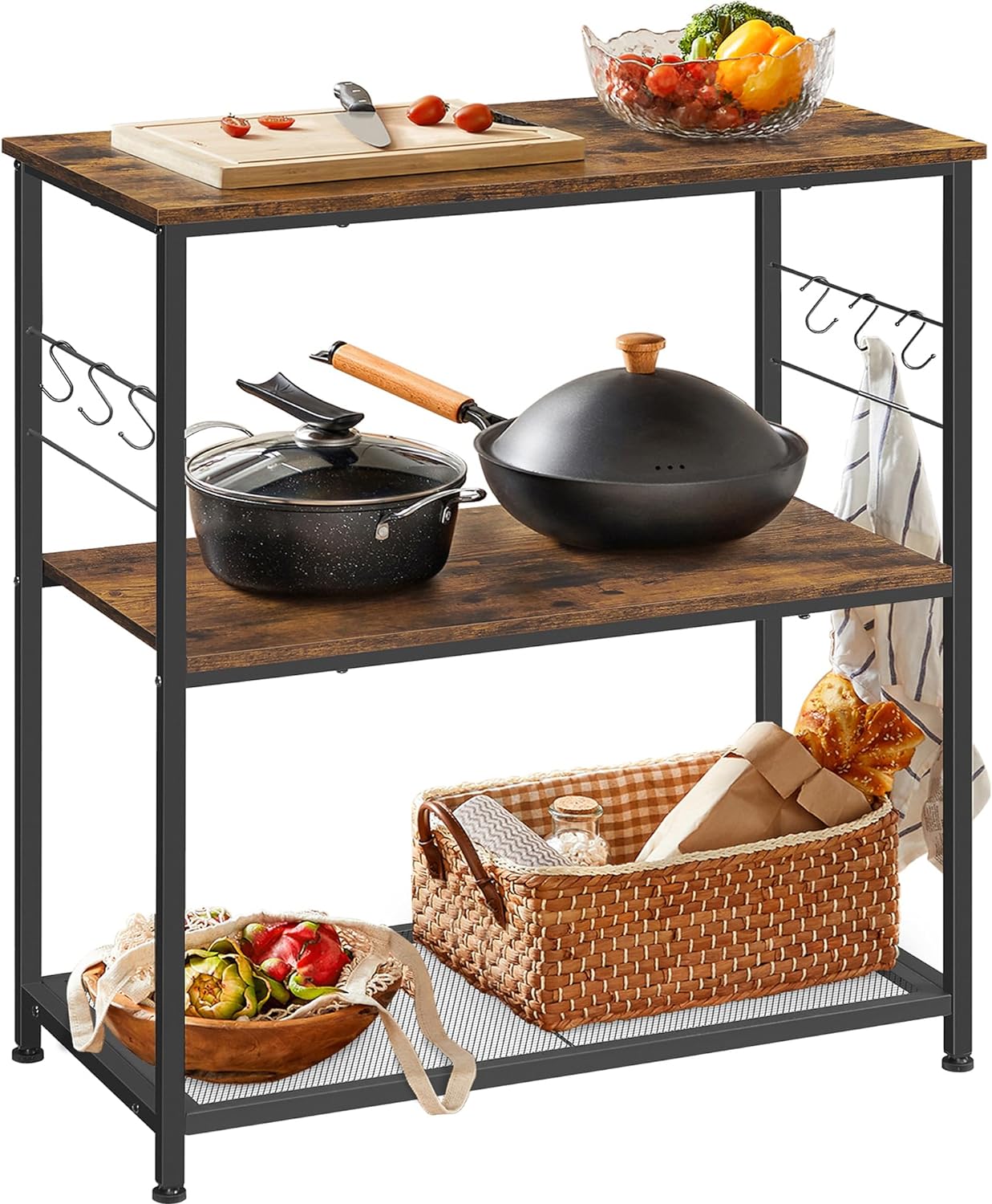 VASAGLE Baker s Rack, Kitchen Shelf, Kitchen Island, Microwave Oven Stand with 3 Open Shelves, 6 Hooks, Metal Frame, 15.7 x 31.5 x 35.4 Inches, Industrial, Rustic Brown and Black