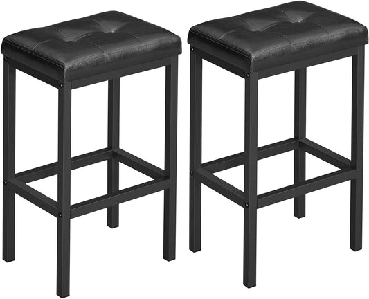 VASAGLE Bar Stools, Set of 2 PU Upholstered Breakfast Stool, 15.7 x 11.8 x 24.4 Inches, Backless, Simple Assembly, Industrial, Dining Room Kitchen Counter Bar, Black Seat and Black Frame