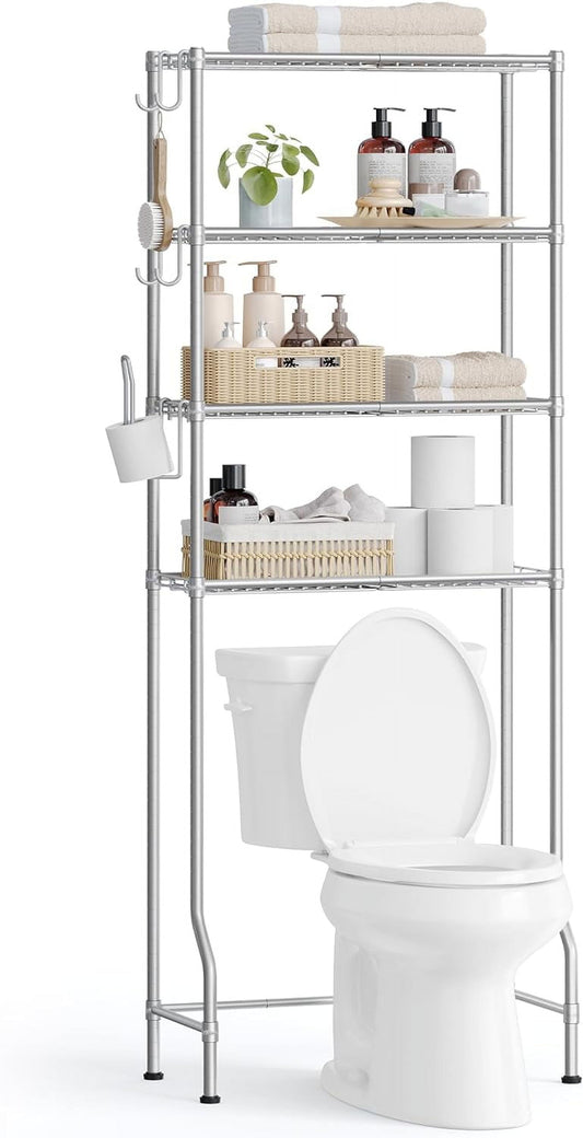 SONGMICS 4 Tier Over The Toilet Storage - Metal Storage Rack with Adjustable Shelves, Hooks, and Roll Holder - Space-Saving Bathroom Shelf Organizer, Silver Gray